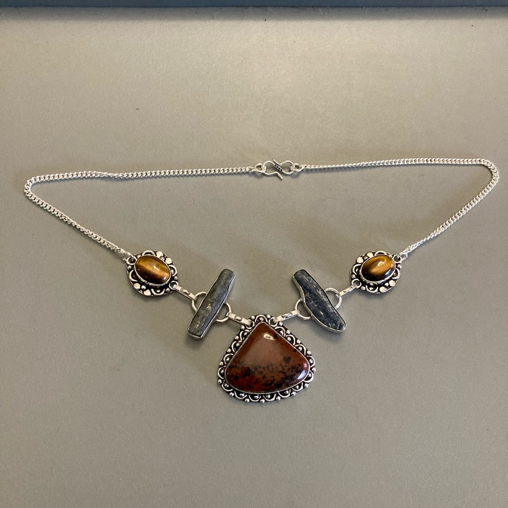 925 sterling silver overlay red jasper tiger eye kyanite gemstone boho necklace - Picture 13 of 16